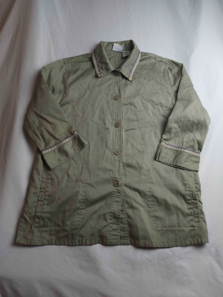 Koret Button Up Shirt Womens Medium Olive Green 3/4 Sleeve Embroidered Blouse