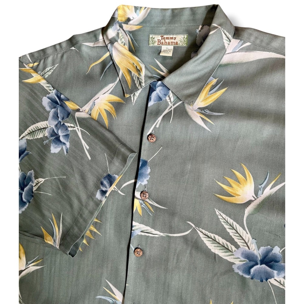 Tommy Bahama Mens XL Silk Camp Shirt Sage Green Bird of Paradise Floral Tropical