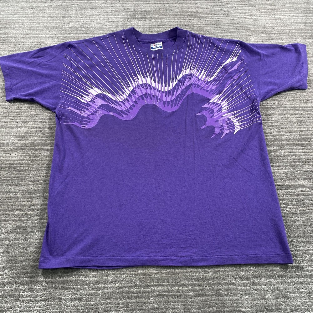 Vintage Hanes Shirt Mens XL Purple Abstract Wave Graphic 50/50 Made USA 80s-image
