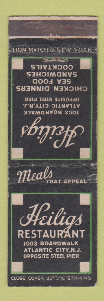 Matchbook Cover - Heiligs Restaurant Atlantic City NJ WEAR