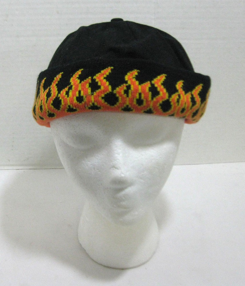 Men's Adjustable Black Bullet Cap Beanie Orange Flames on Cuff Biker Hat Winter