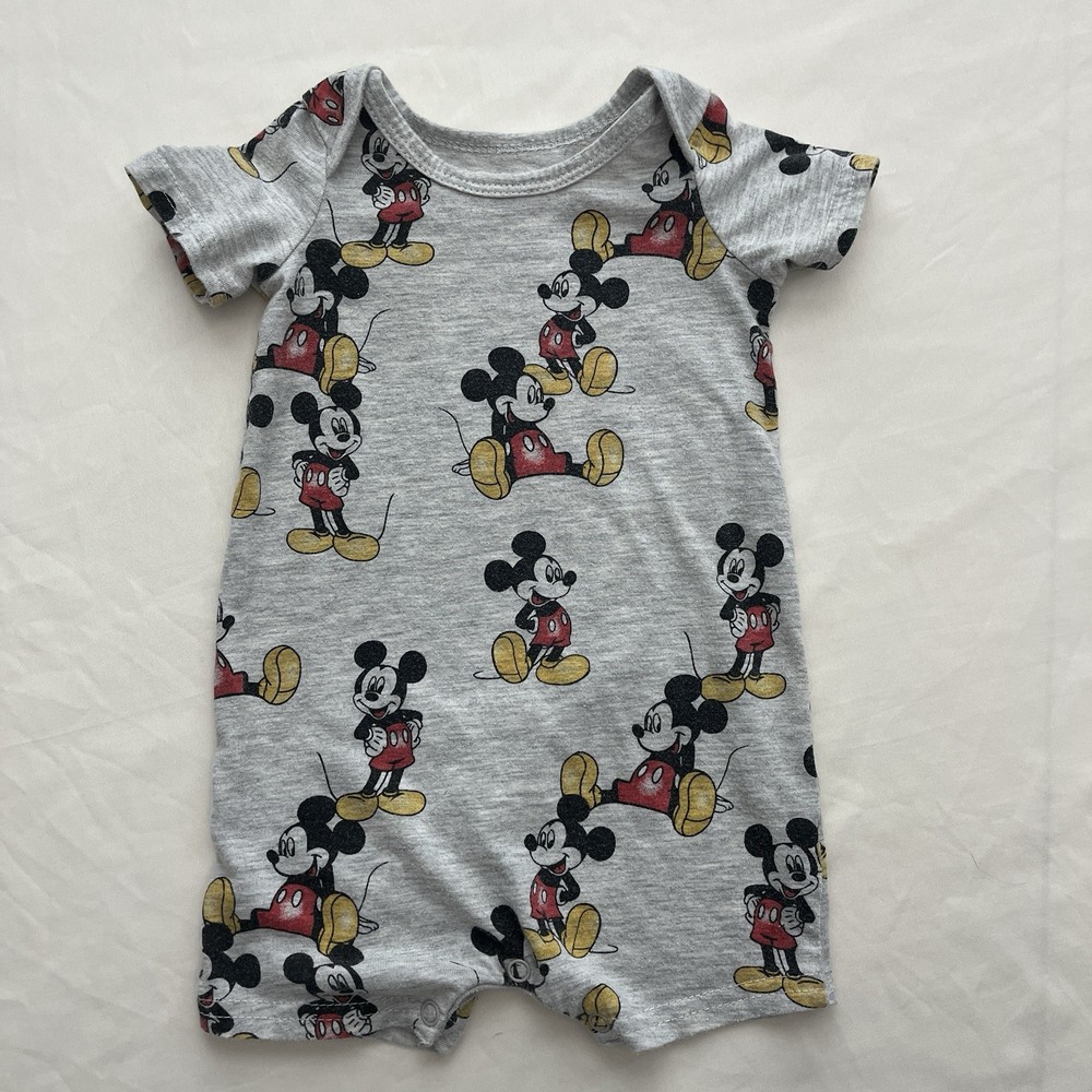 Disney Baby Romper Mickey Mouse Gray 3-6 Month One Piece Short Sleeve
