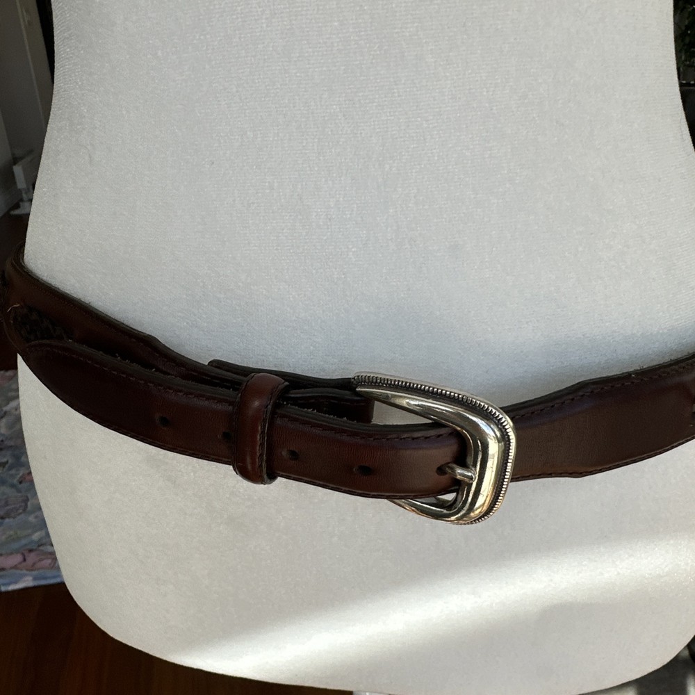 EUC BRIGHTON Brown Leather Belt Braided Accent Silver Buckle Size 36