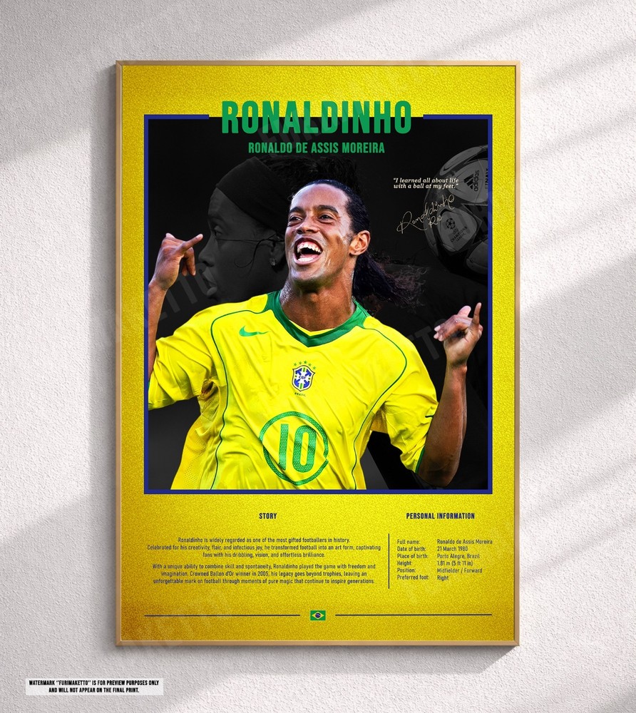 Ronaldinho - Canvas Print Poster Football Soccer Stats Bio Wall Art