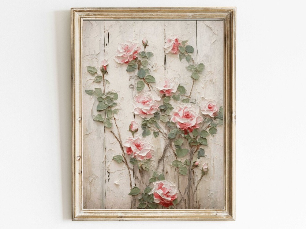 Vintage Rose Wall Art Print Botanical Wall Art Rose Bush Painting Rustic Home