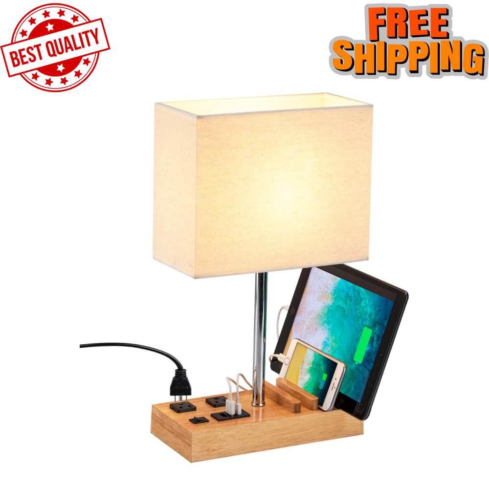 Desk Lamp w/ 3 USB Ports 2 AC Outlets Phone Stands Wooden Base Linen Shade