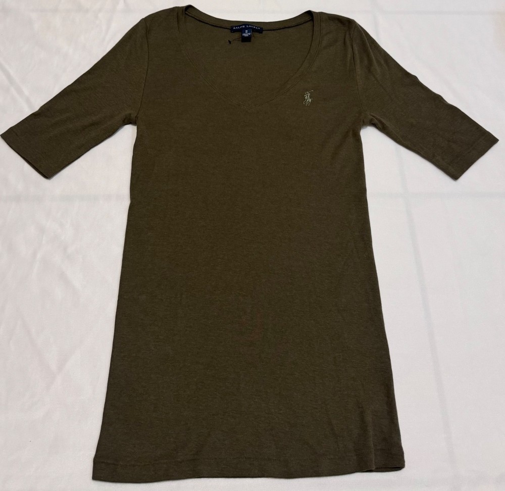 Ralph Lauren T-Shirt Women's Military Green Cotton V Neck Everyday Size M NWOT