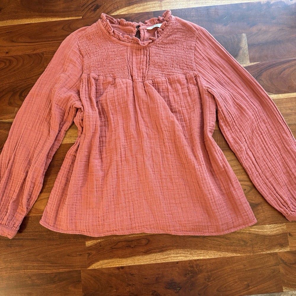 Sonoma 100% Cotton Gauze Smocked Ruffle High Neck Peasant Blouse L