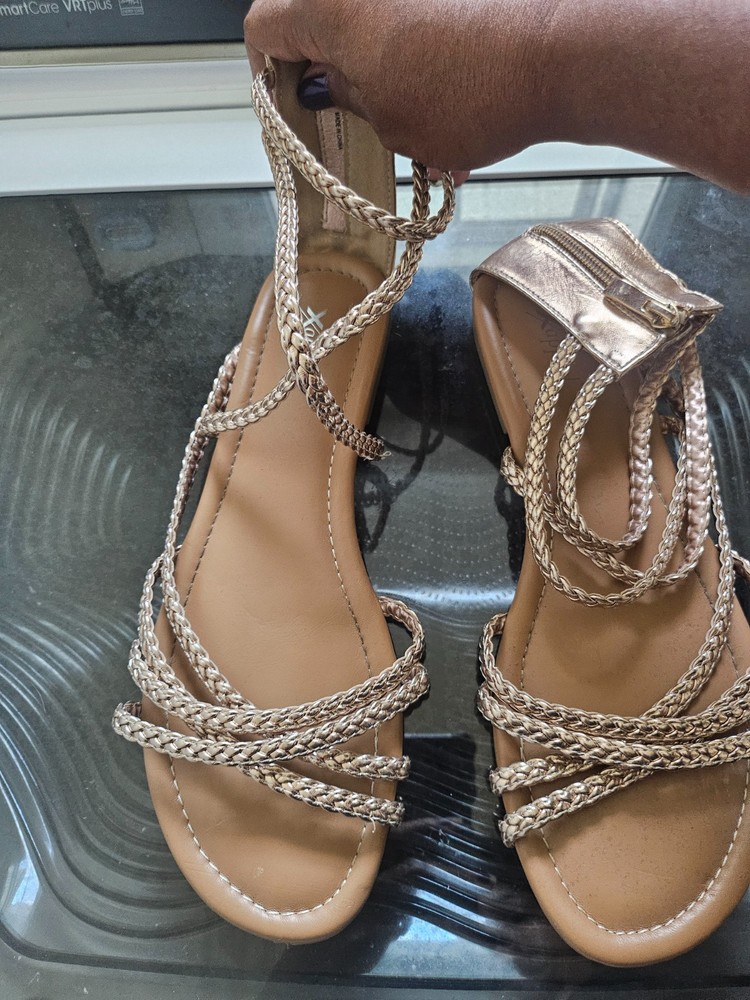 X Appeal sandals-gold braided straps flat, open toe, zip closurewoman size 11M