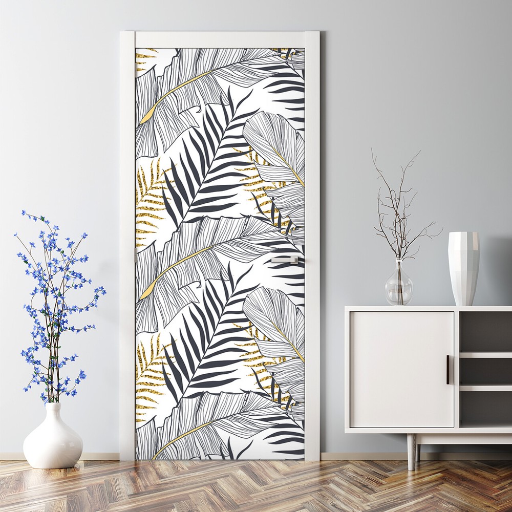 Gold Leaf Tropical Bubble-Free Repositionable Door Decal for Elegant Decor
