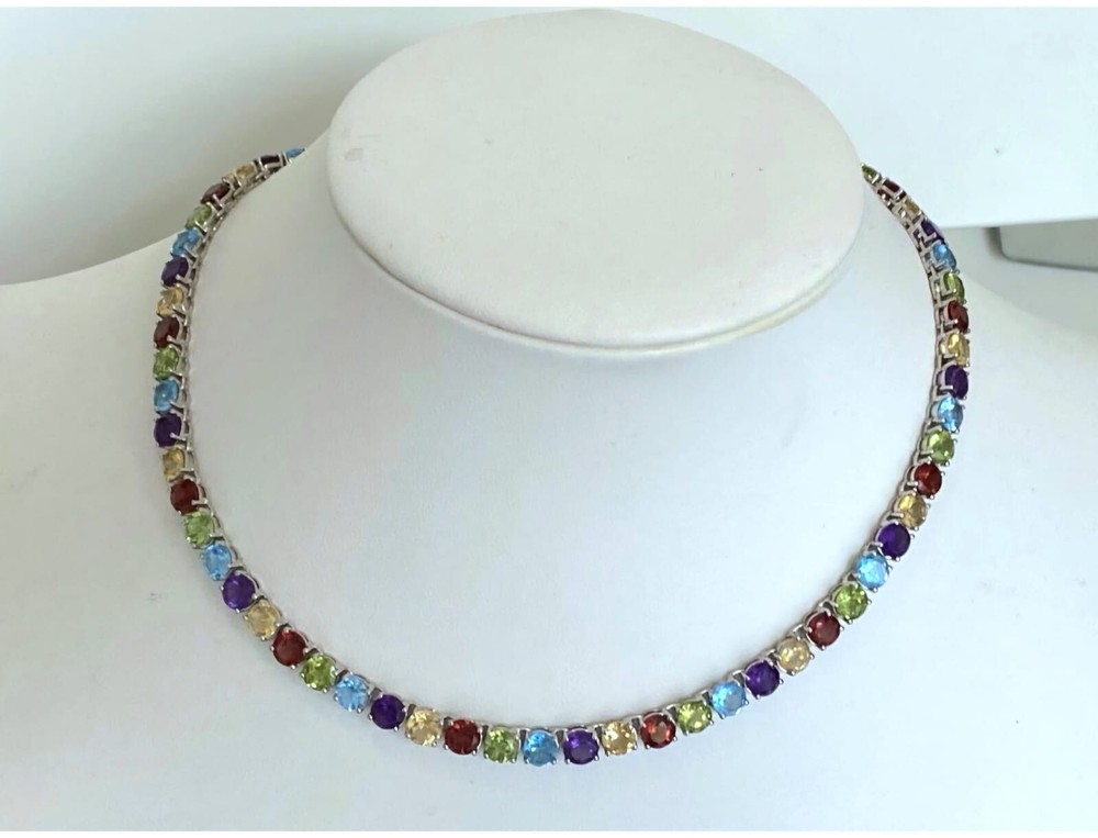 Multi Gemstone Round Tennis Necklace Platinum Over 925 Sterling Silver 16 inch