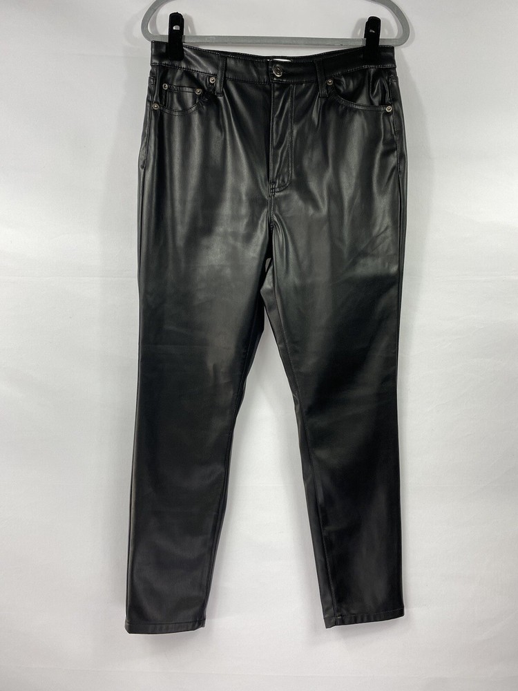 Black Faux Leather Tapered Pants Size 30 with Stretch Zip Fly