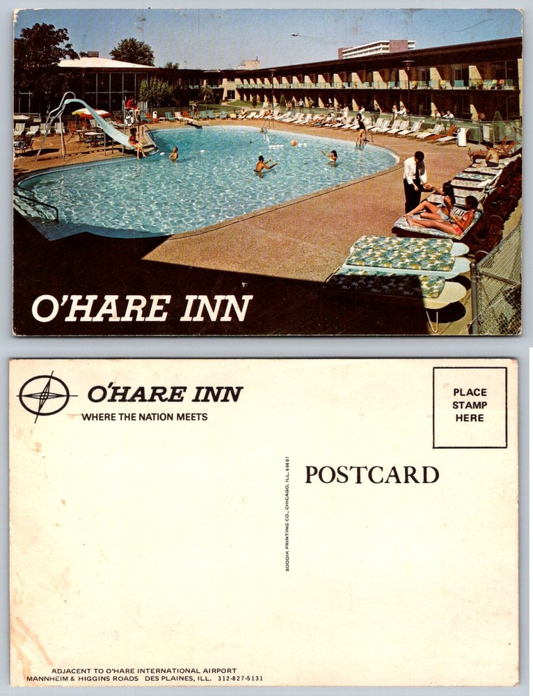 O'Hare Inn Des Plaines IL Postcard Vintage Swimming Pool Chicago Airport