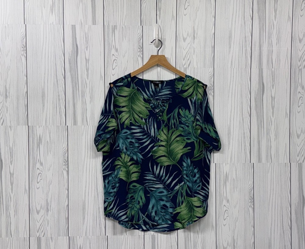 Roz & Ali top womens size large short sleeve floral patterned blouse navy