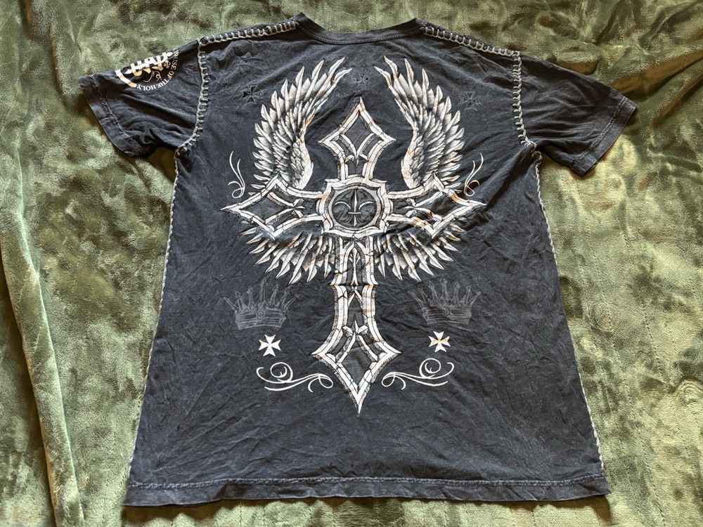 Vintage Skull Cross Wings AOP Y2K Raw State Redemption Grunge Shirt Mens XL Gray