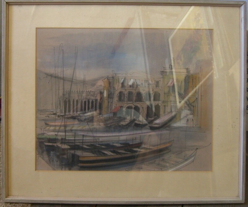 Watercolor Harbor Signed Mitschke Mediterranean Boats Expressionist