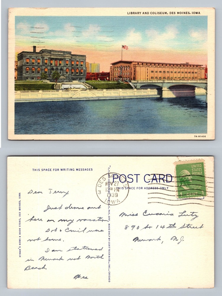 Des Moines, IA-Iowa, Library and Coliseum River Scene c1939 Vintage Postcard
