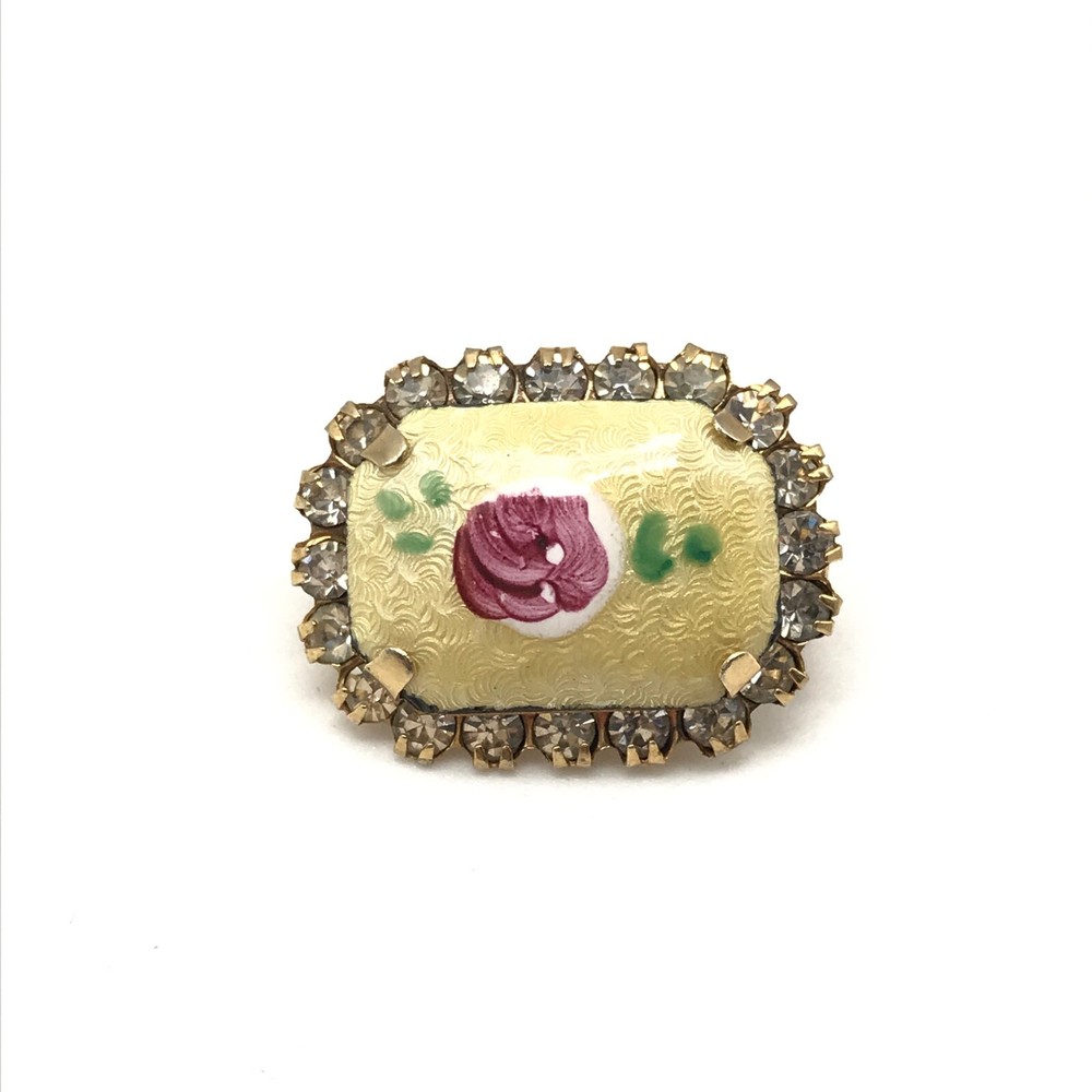 Vintage Yellow Guilloche Enamel Flower Rhinestone Gold Tone Small Brooch Pin