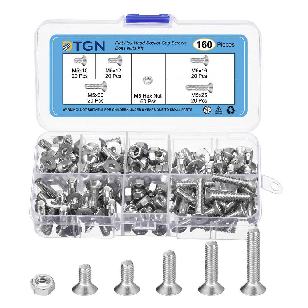 160Pcs M5 x 10mm/16mm/10mm/20mm/25mm Flat Hex Head Socket Cap Screws Bolts