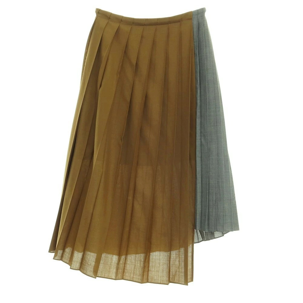 Sacai Long Pleated Skirt XS Khaki Brown Gray Wool Polyester Japan Used