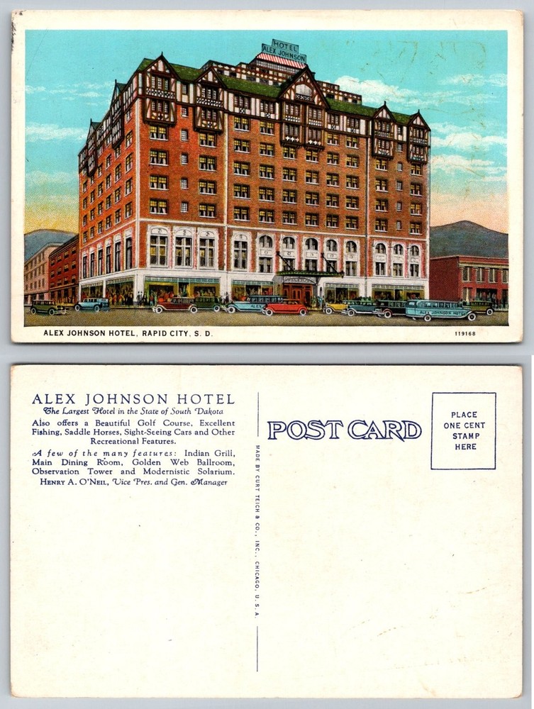 Vintage Alex Johnson Hotel Rapid City SD Postcard Curt Teich Landmark Cars