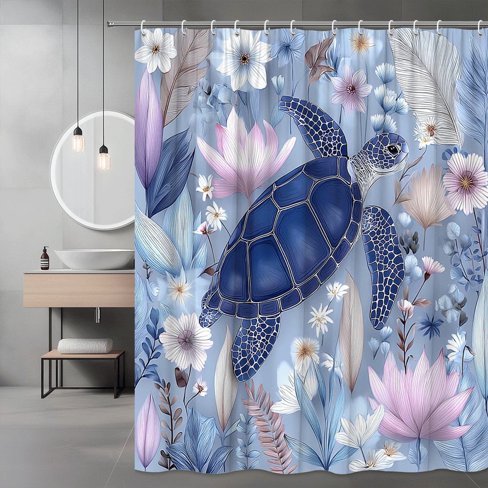 Sea Turtle Floral Shower Curtain Blue Pink Botanical