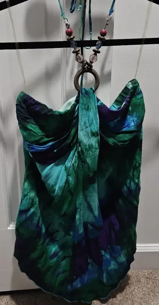 READ! Vintage Y2K Cato Watercolor Tie-Dye Pixie Hem Fairycore Beaded Halter Top