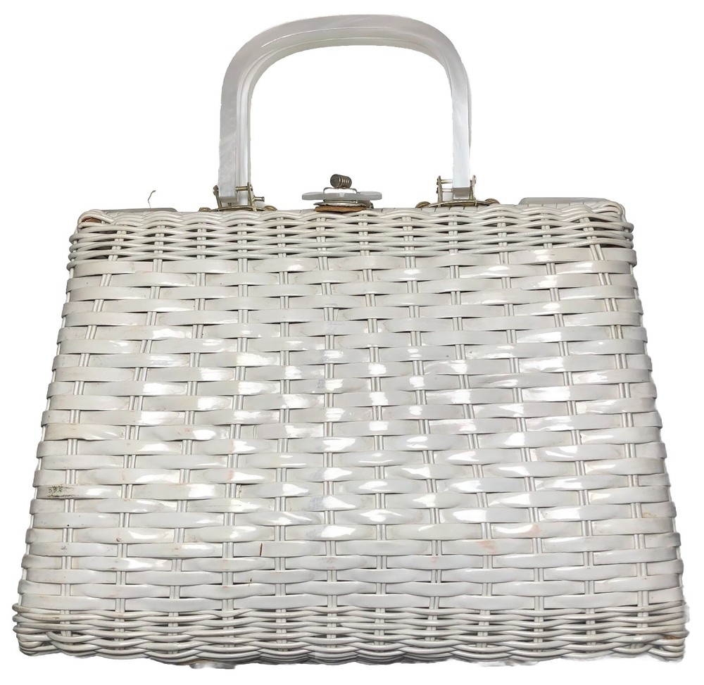 Vintage White Wicker Box Purse Lucite Handle 50s 60s Handbag Hong Kong STAINED