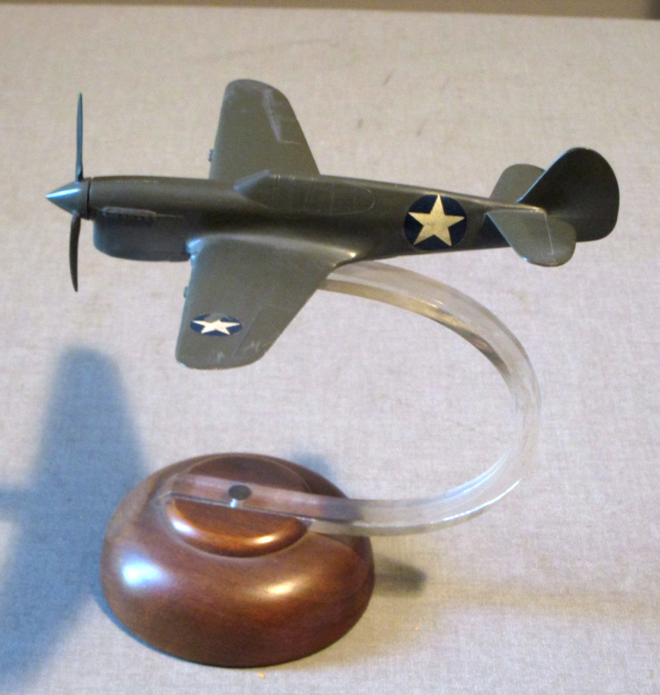 Vintage Ww2- Curtiss P-40 Fighter Airplane-Aviation Desk Model-Org- Wood Base