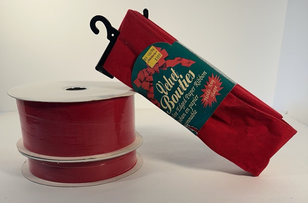 Lot of 3 Vintage NIP Flocked Ribbon Hot Red , 3 sizes,  Total Yards  Made In USA