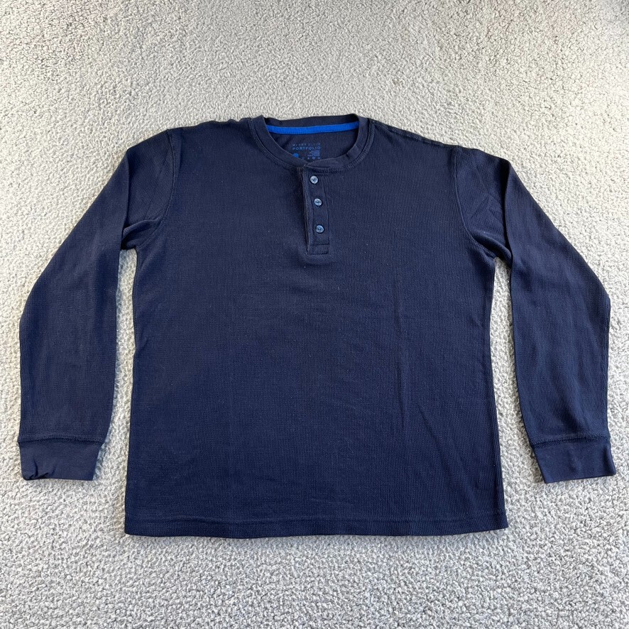 NEW Perry Ellis T Shirt Mens Large Blue Henley Pullover Thermal Waffle Portfolio