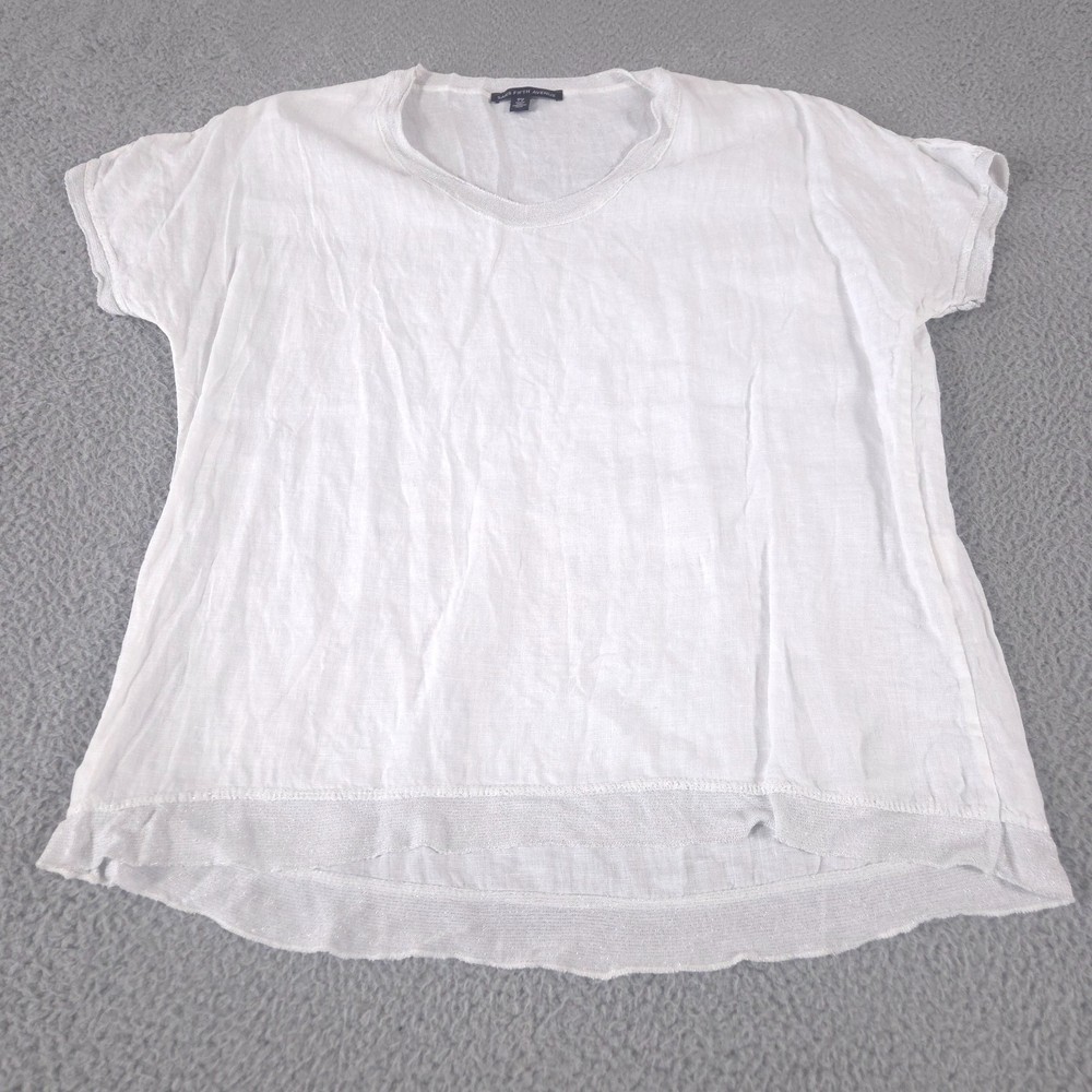 Saks Fifth Avenue Top Women L Tunic Linen V-Neck Flutter Sleeve Blouse Lagenlook
