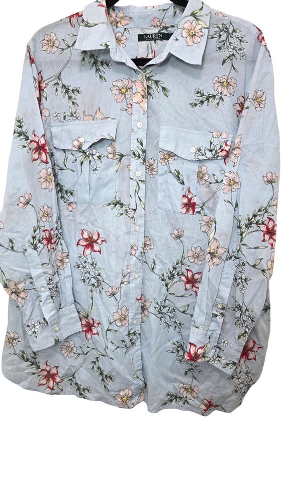 Lauren Ralph Lauren Women's 2x Floral Festival Hiking Shirt Light Blue Long-Slee