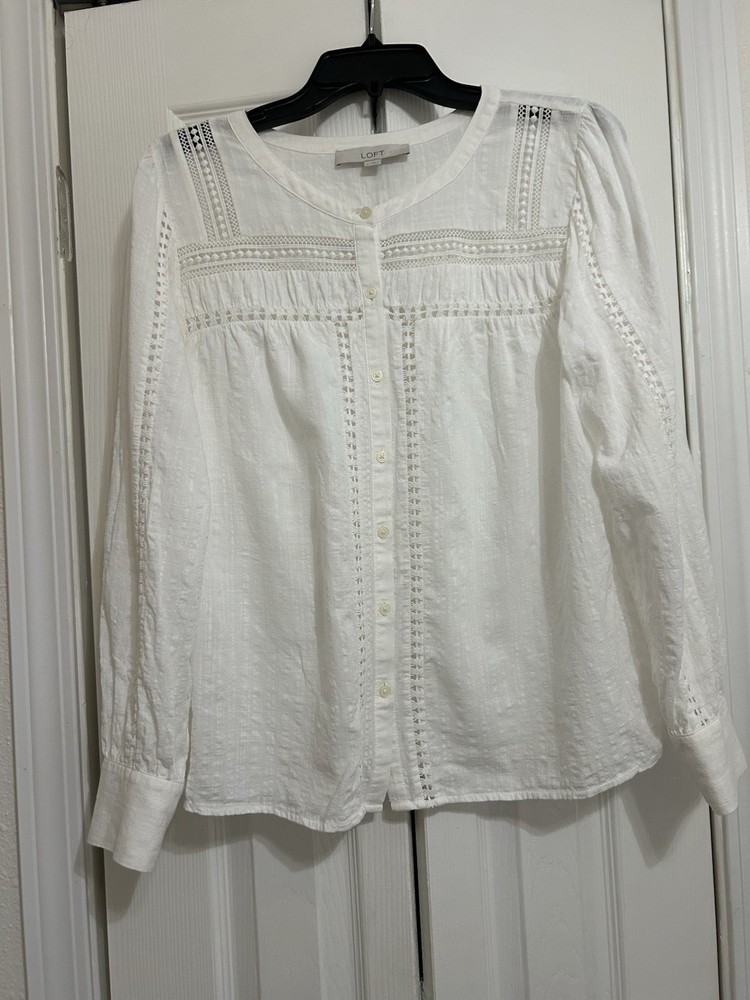 LOFT Women's White Lace Button Front Long Sleeve Blouse Size M