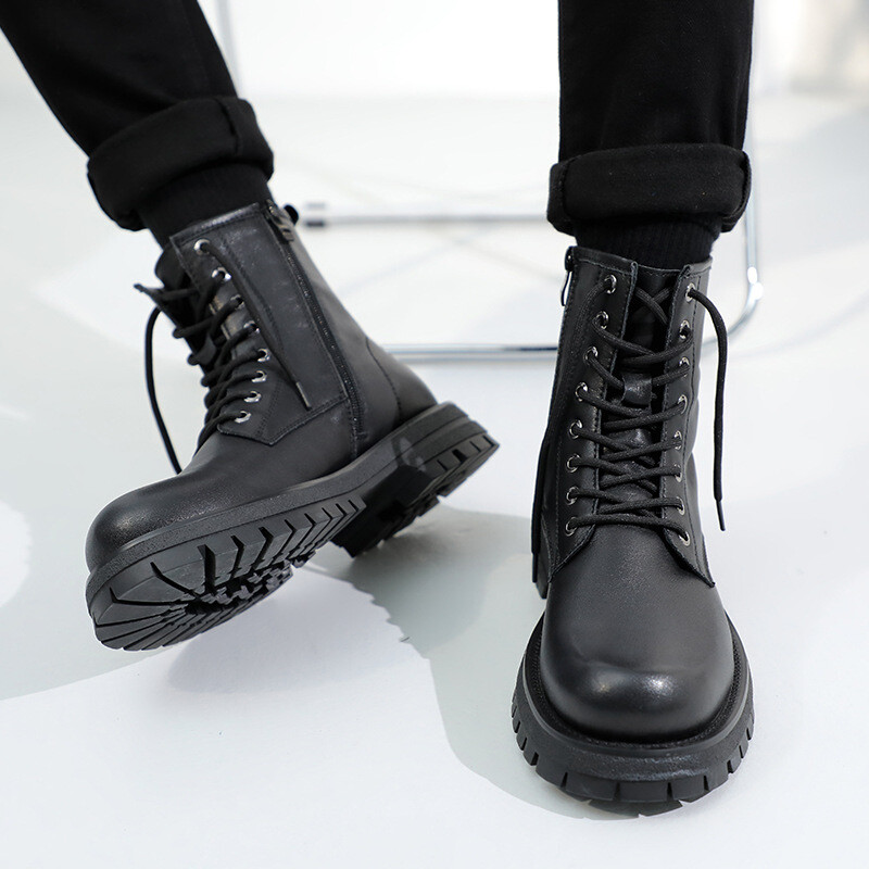 Men's Thick-Soled Waterproof Leather High-Top Boots for Autumn Lace-Up Style