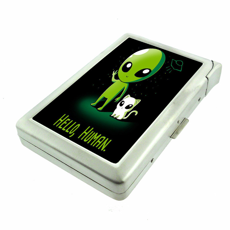 Alien Cat Human Em1 100's Size Cigarette Case with Built in Lighter Metal Wallet