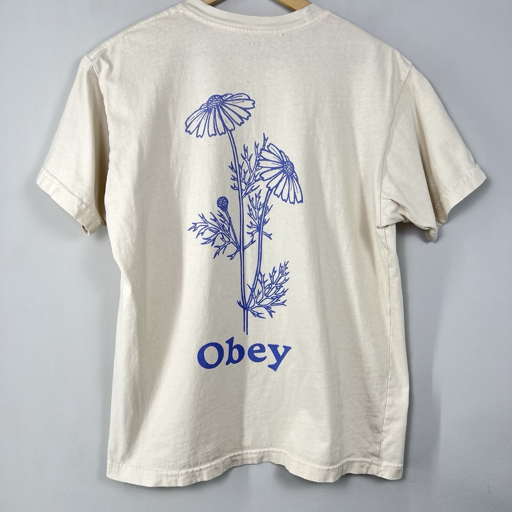 Obey Organic Cotton Graphic T Shirt Mens Medium Cream Floral Logo Tee