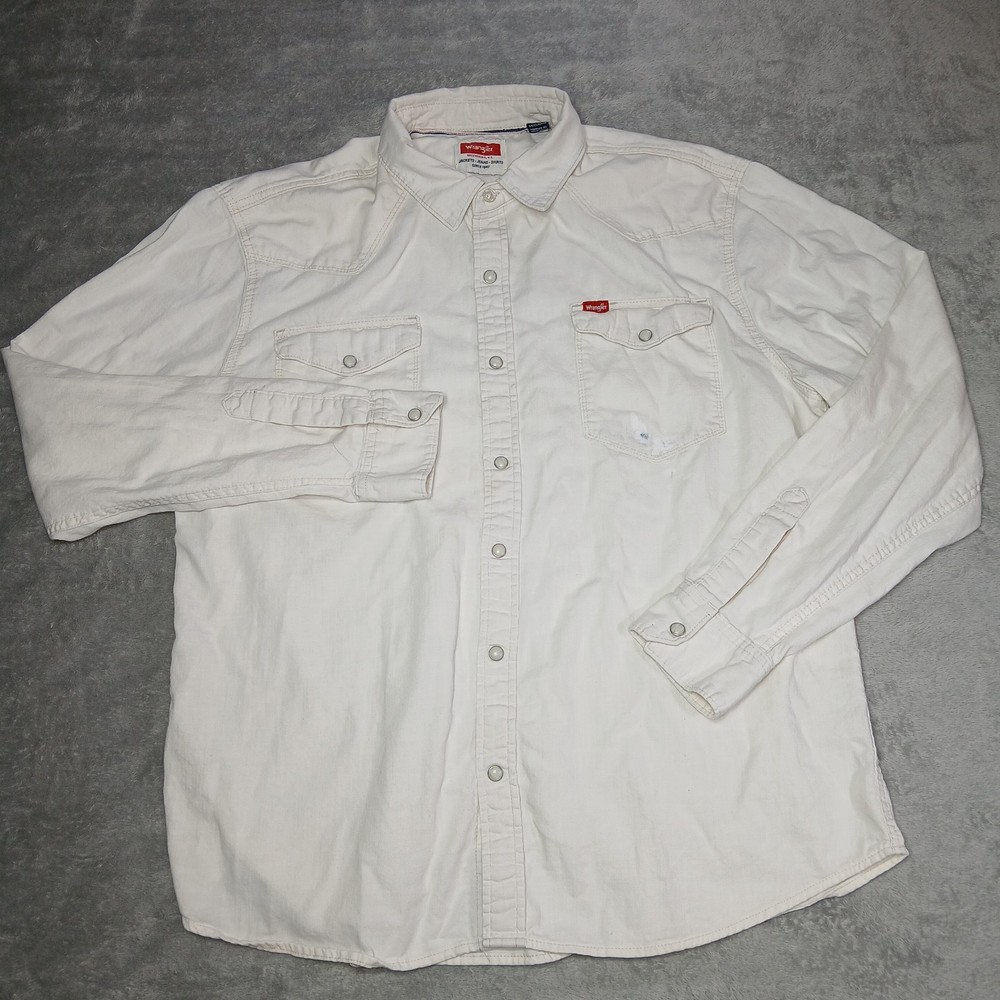 Wrangler Western Shirt Men L Distressed Cream Pearl Snap Long Sleeve 100% Cotton