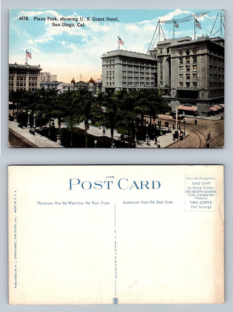 San Diego, CA-California, Plaza Park U S Grant Hotel Vintage Postcard
