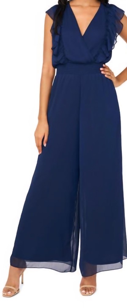 NWT HALOGEN Jumpsuit Womens Blue Sz Small Vneck Sleeveless Ruffle Cocktail Party