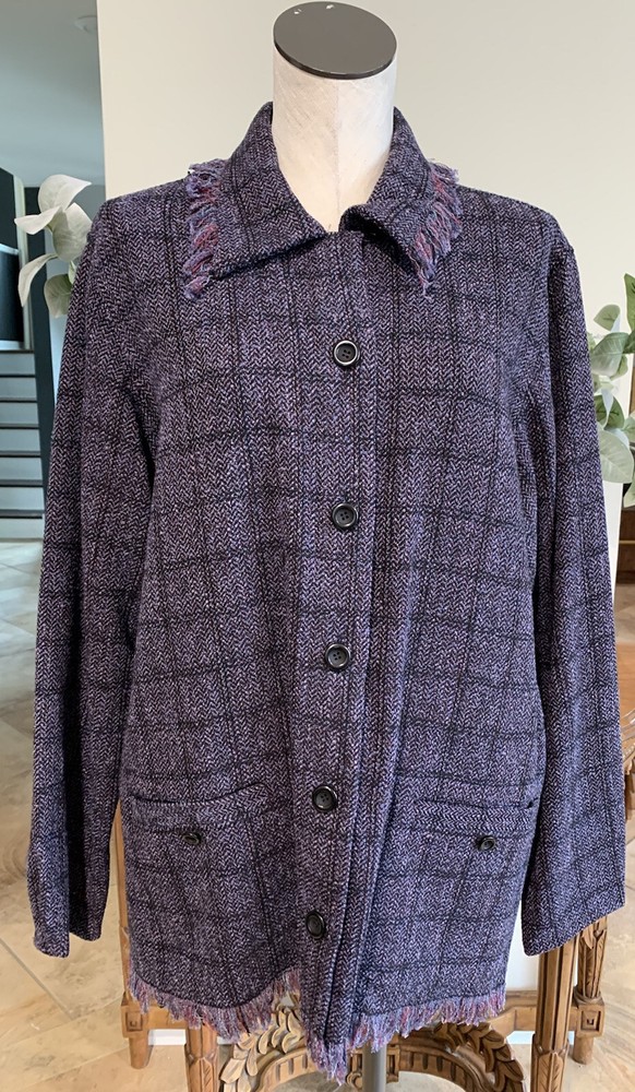 simon chang women 14 shacket purple plaid Wool Blend fringe button  jacket UU