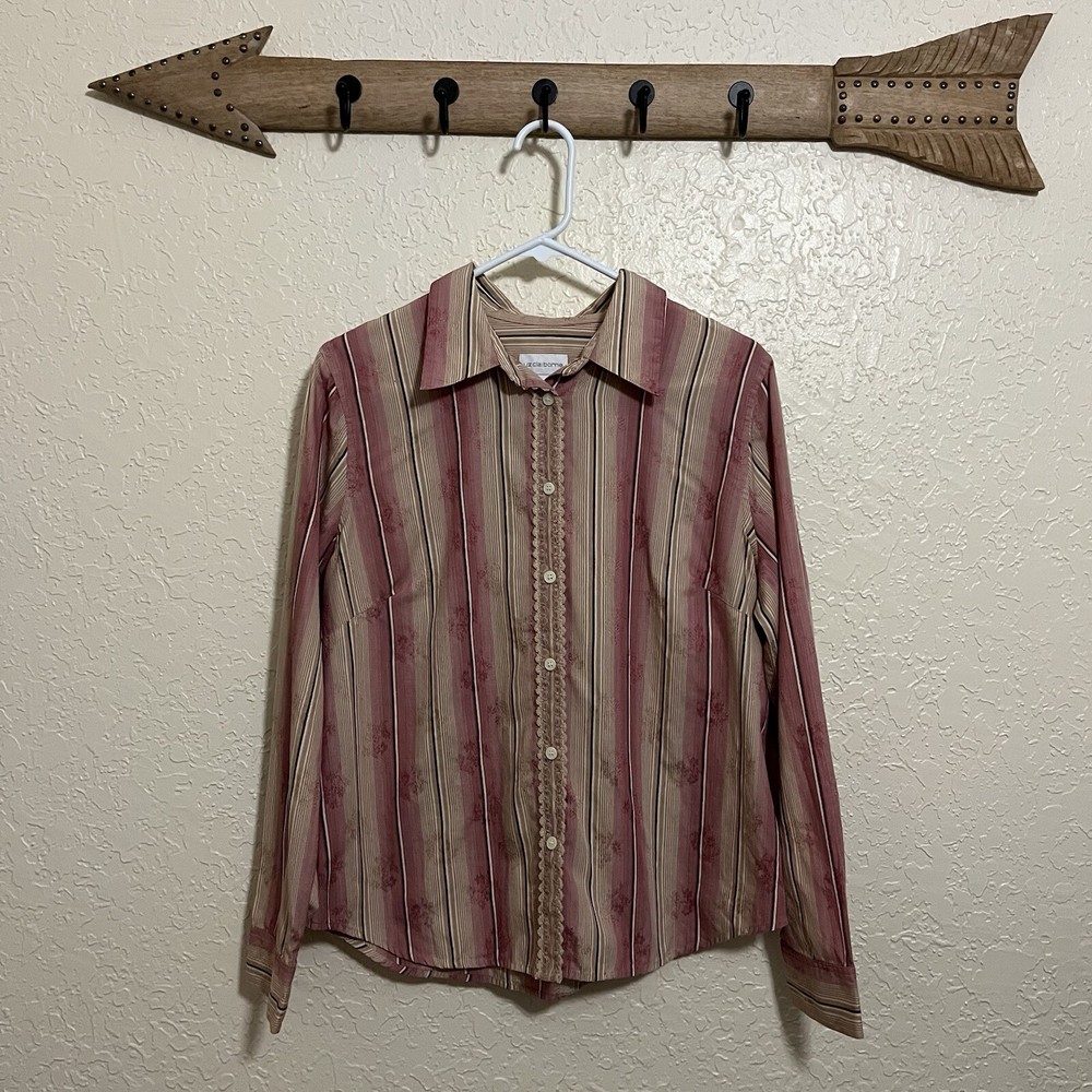 Liz Claiborne | Vintage Y2K Striped Floral Long Sleeve Lace Trim Button Top Larg