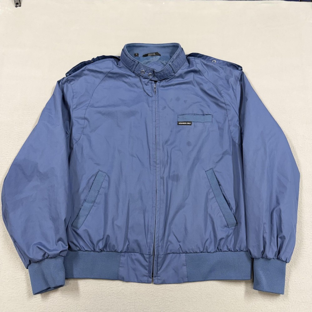 Members Only Jacket Mens Large Blue Bomber Full Zip Epaulet Lined Pockets