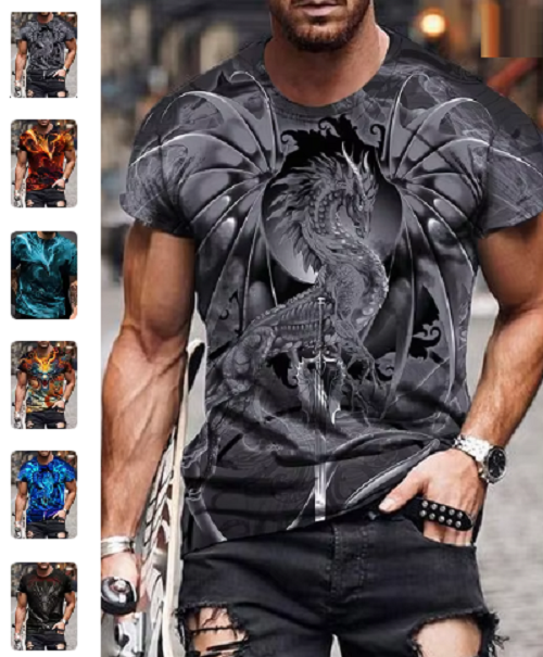 Dragon Design Mens Graphic T-shirt Short Sleeve Print Tee Top O Neck
