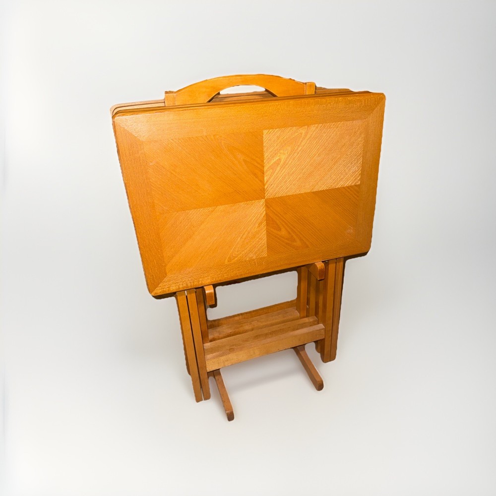 Vintage 5pc Checker Board Veneer Solid Oak Wood  Folding TV Trays Tables + Caddy