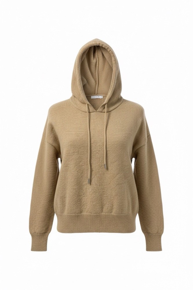 Beige Knit Cashmere Pullover Hoodie for Women Hooded Drawstring Long Sleeve