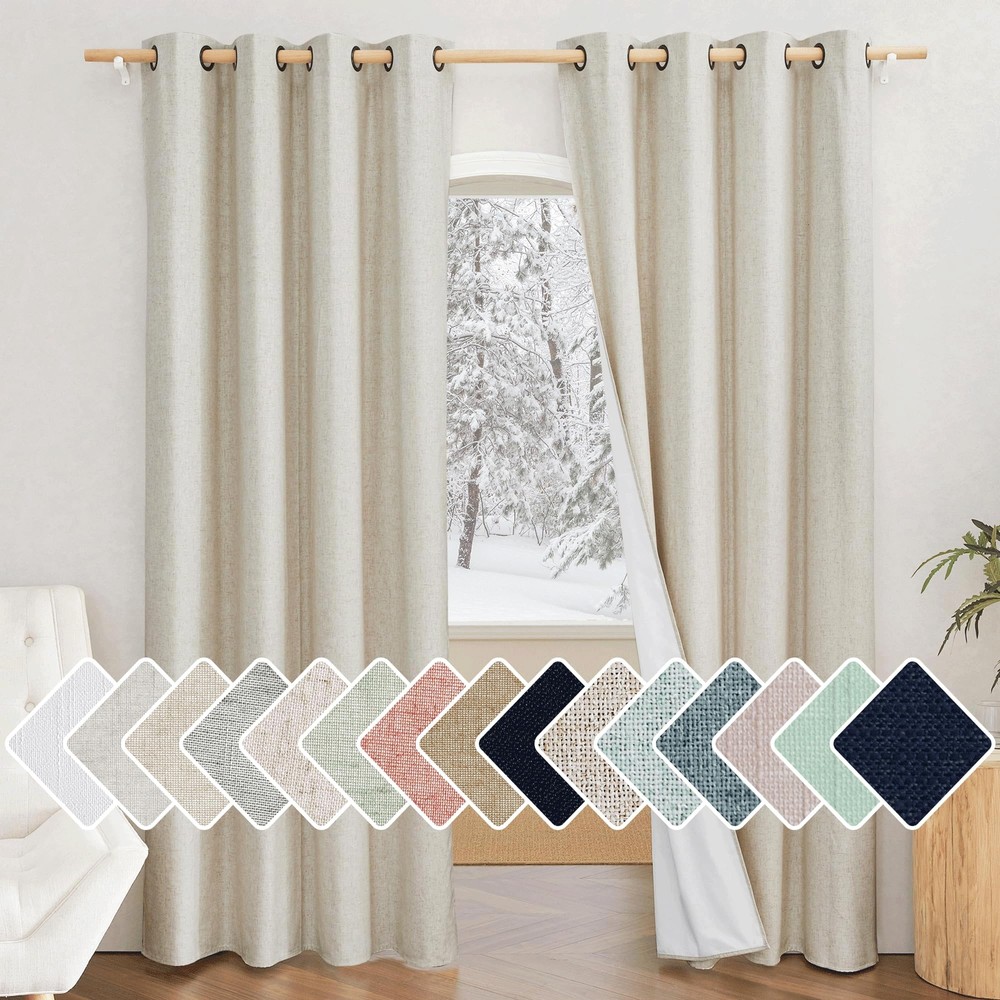 Natural 100% Blackout 84-inch Linen Curtains in Burg for Living Room, 2 Panels
