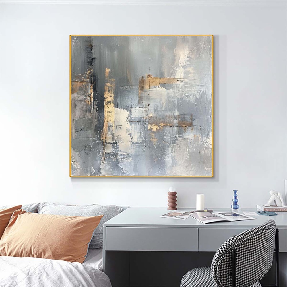 Large Size Abstract Hand Painted Oil Painting On Canvas Gray Yellow 31in