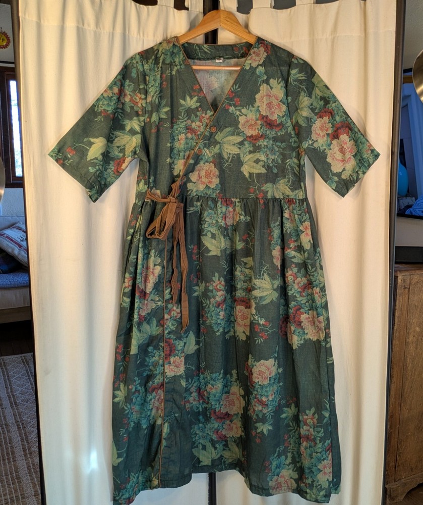 3 Fat Men Dress Maxi Women Floral Green Boho Sz Large