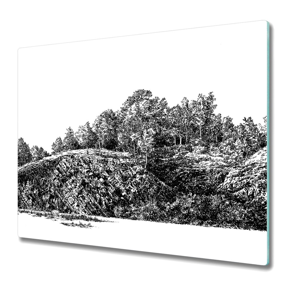Glass Chopping Cutting Board Black And White Stone Hill Hand Drawn Art 60x52